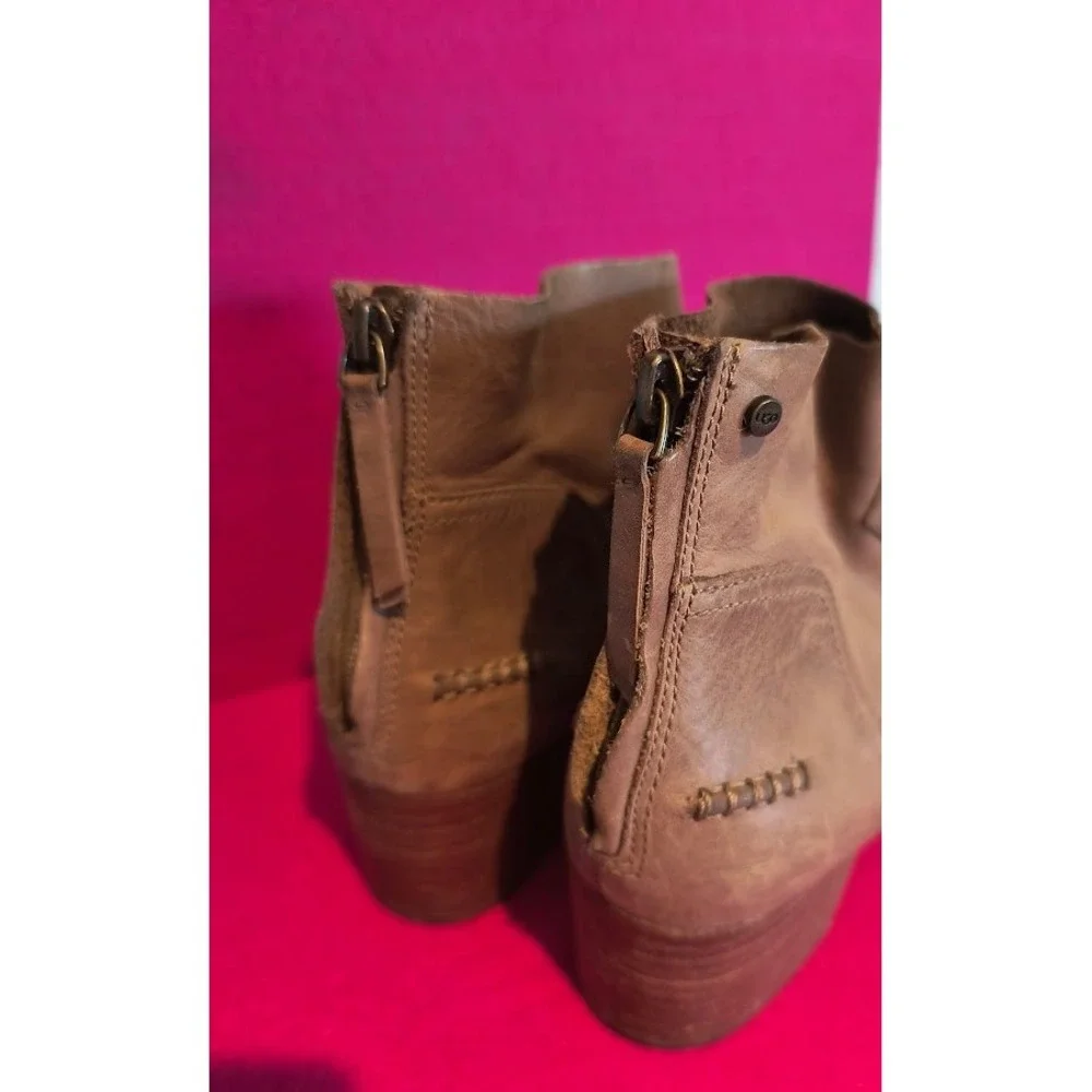 UGG Aniyah Leather Ankle Boots Taupe Side Zip Block Heel‎ Women 8